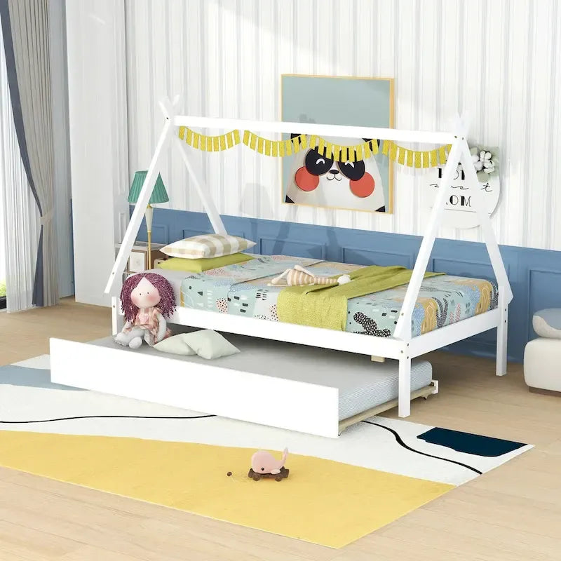 Lit de plancher en forme de tente, taille double, avec lit gigogne escamotable, en bois de pin naturel pour enfants