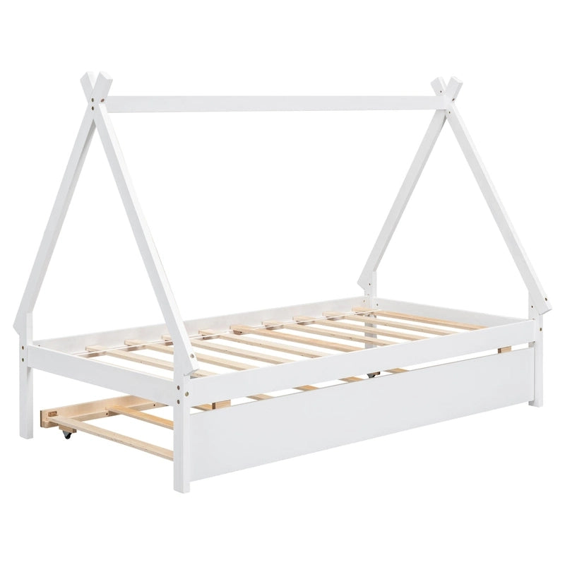 Lit de plancher en forme de tente, taille double, avec lit gigogne escamotable, en bois de pin naturel pour enfants