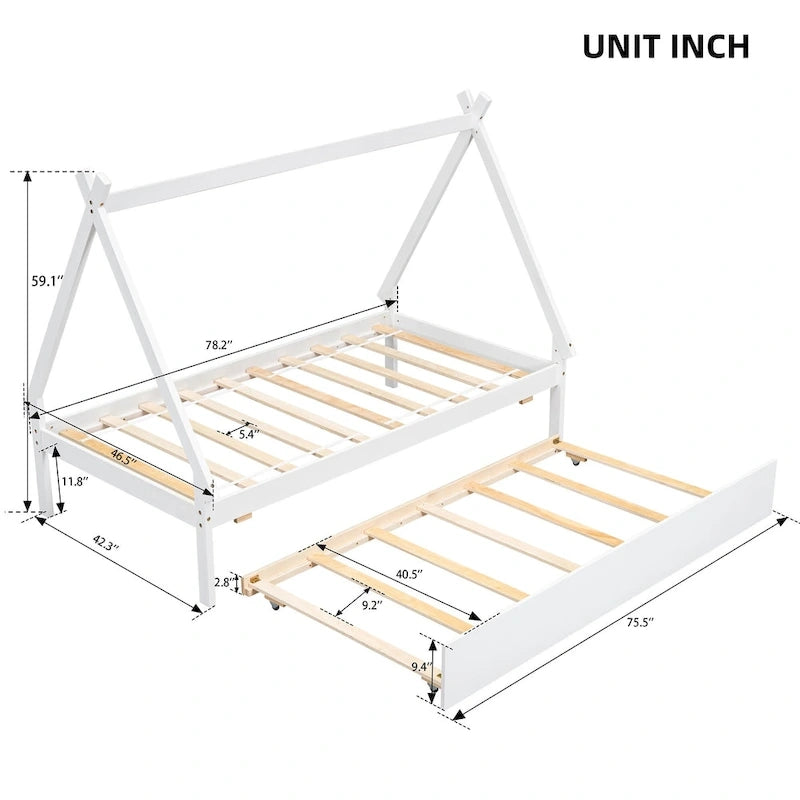 Lit de plancher en forme de tente, taille double, avec lit gigogne escamotable, en bois de pin naturel pour enfants