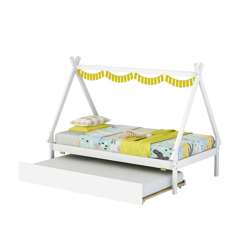 Lit de plancher en forme de tente, taille double, avec lit gigogne escamotable, en bois de pin naturel pour enfants