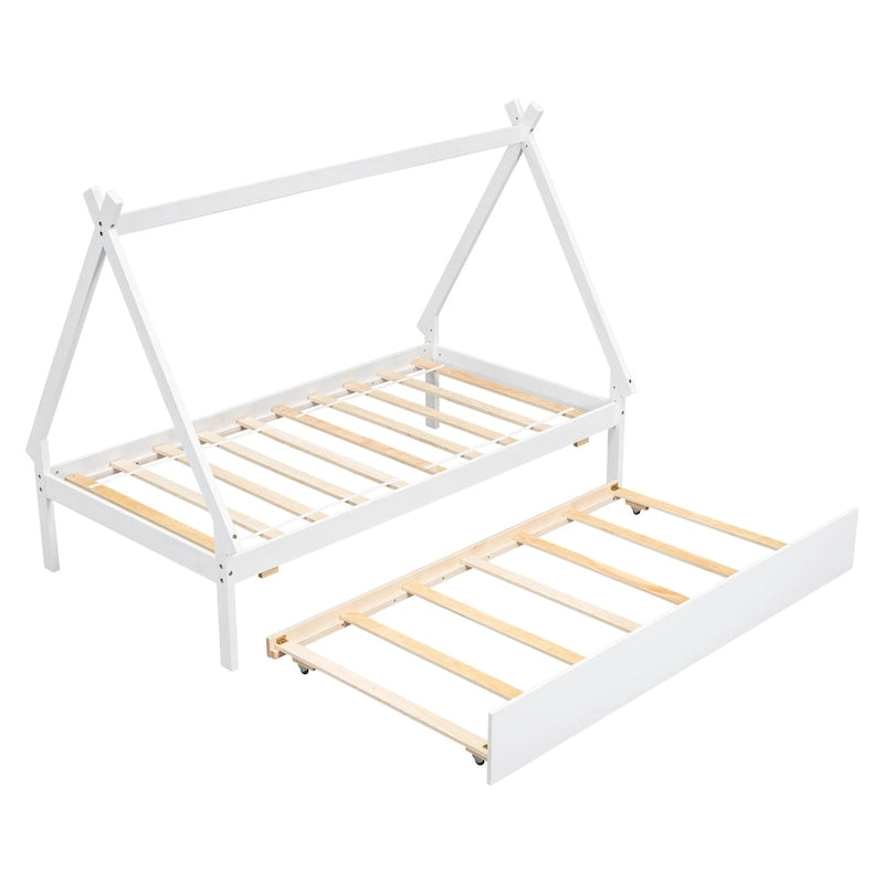Lit de plancher en forme de tente, taille double, avec lit gigogne escamotable, en bois de pin naturel pour enfants