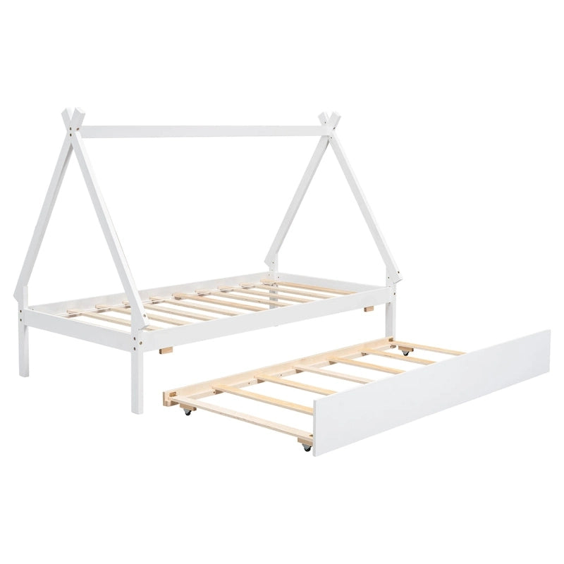 Lit de plancher en forme de tente, taille double, avec lit gigogne escamotable, en bois de pin naturel pour enfants