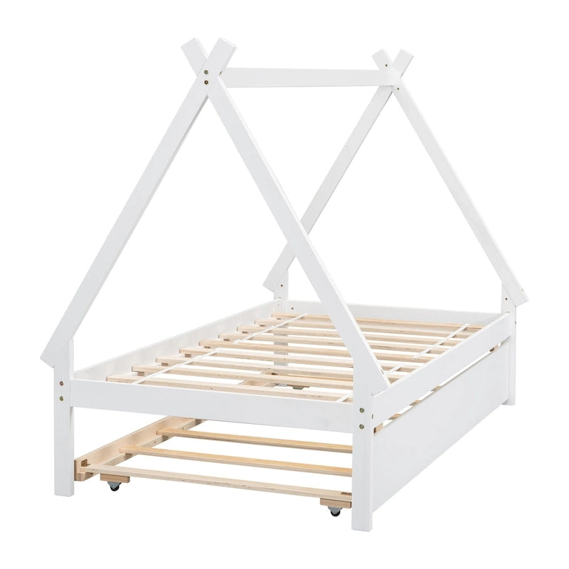 Lit de plancher en forme de tente, taille double, avec lit gigogne escamotable, en bois de pin naturel pour enfants
