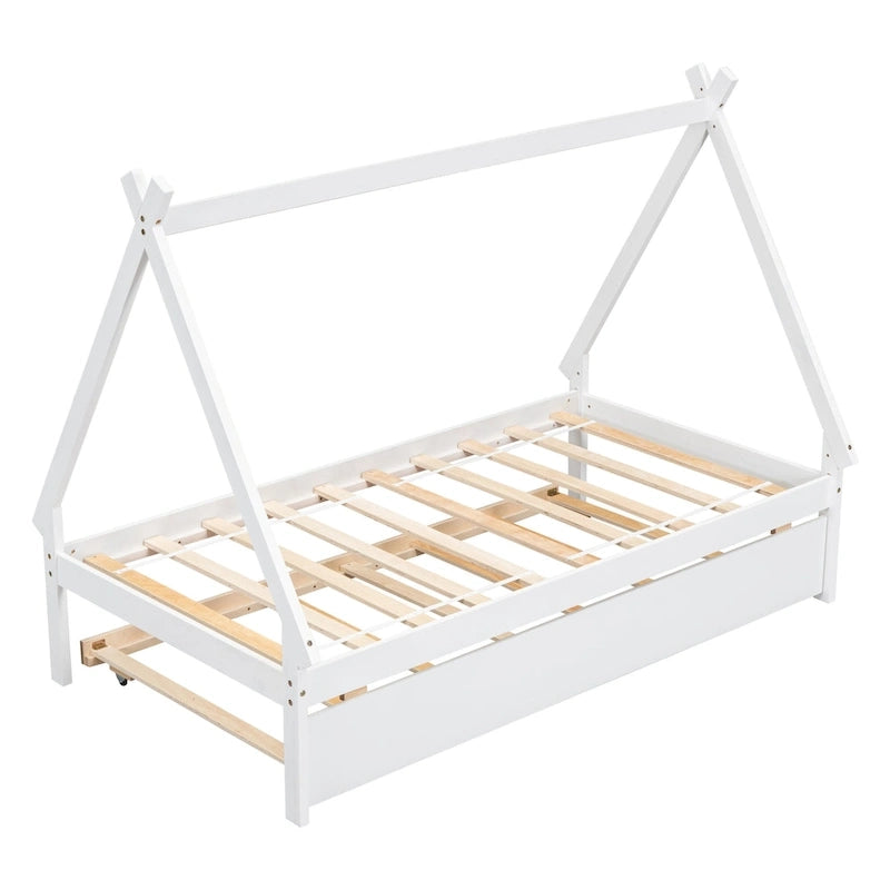 Lit de plancher en forme de tente, taille double, avec lit gigogne escamotable, en bois de pin naturel pour enfants