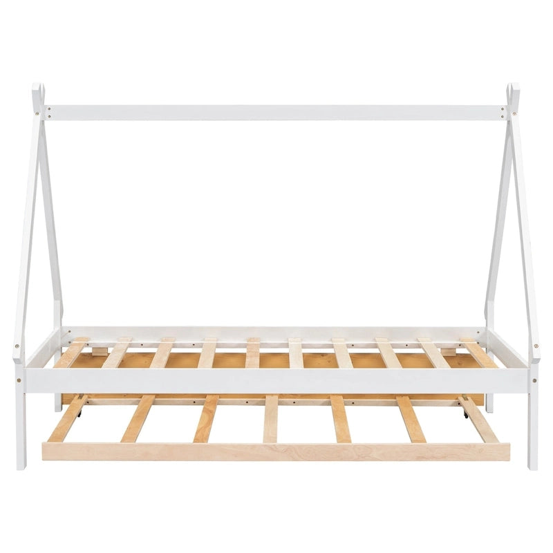 Lit de plancher en forme de tente, taille double, avec lit gigogne escamotable, en bois de pin naturel pour enfants