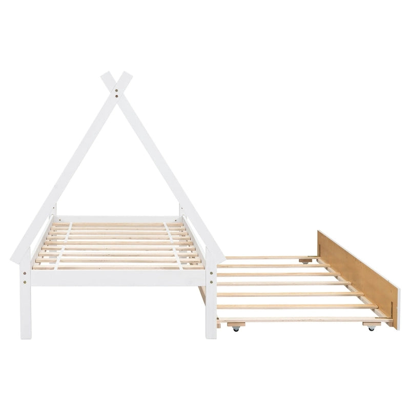 Lit de plancher en forme de tente, taille double, avec lit gigogne escamotable, en bois de pin naturel pour enfants