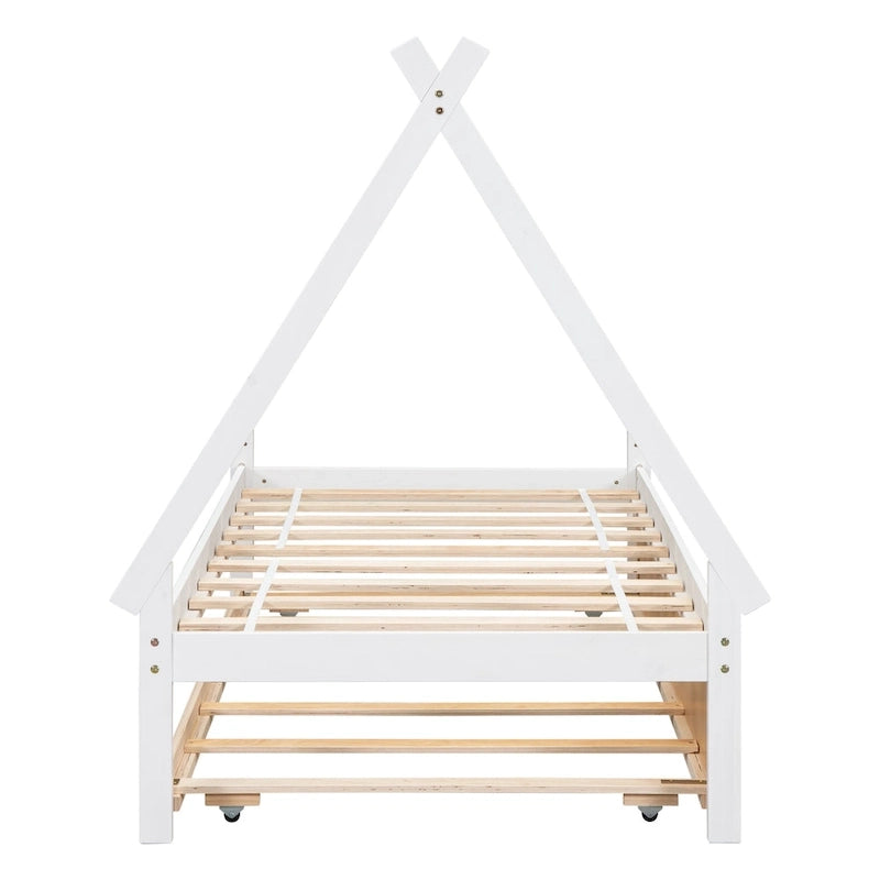 Lit de plancher en forme de tente, taille double, avec lit gigogne escamotable, en bois de pin naturel pour enfants