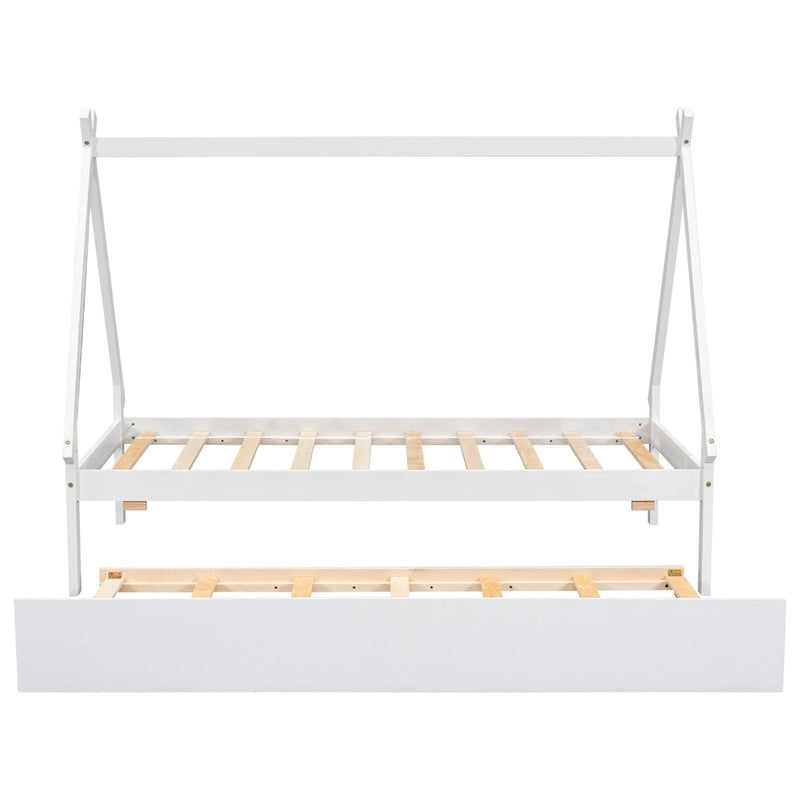 Lit de plancher en forme de tente, taille double, avec lit gigogne escamotable, en bois de pin naturel pour enfants