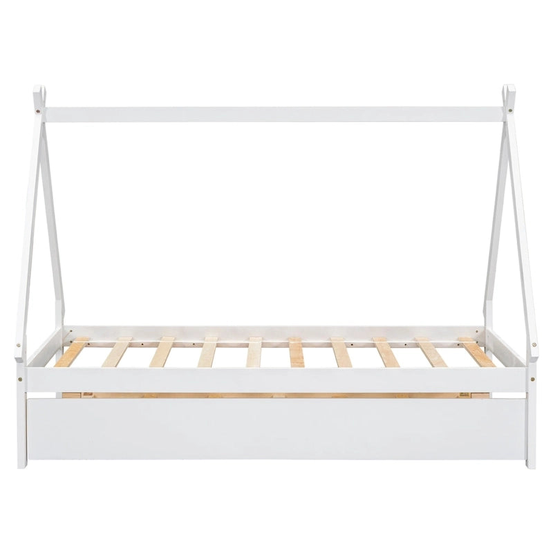 Lit de plancher en forme de tente, taille double, avec lit gigogne escamotable, en bois de pin naturel pour enfants