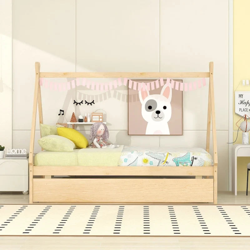 Lit de plancher en forme de tente, taille double, avec lit gigogne escamotable, en bois de pin naturel pour enfants