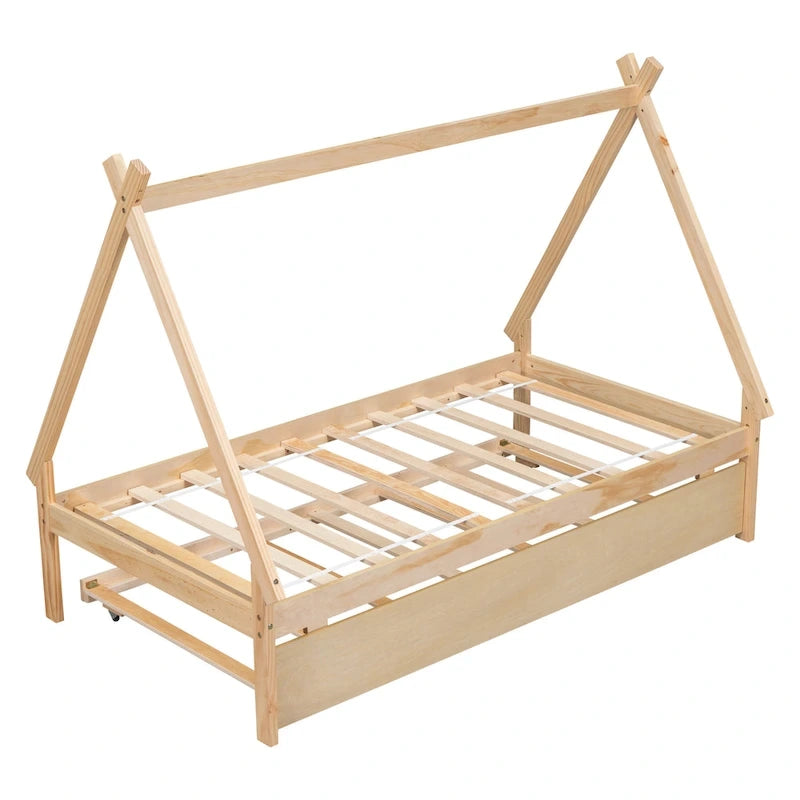 Lit de plancher en forme de tente, taille double, avec lit gigogne escamotable, en bois de pin naturel pour enfants
