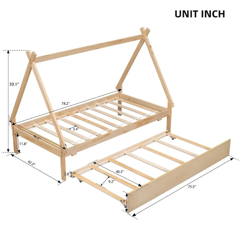 Lit de plancher en forme de tente, taille double, avec lit gigogne escamotable, en bois de pin naturel pour enfants