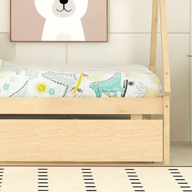Lit de plancher en forme de tente, taille double, avec lit gigogne escamotable, en bois de pin naturel pour enfants