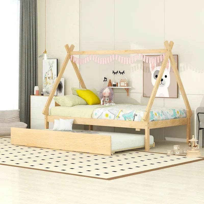 Lit de plancher en forme de tente, taille double, avec lit gigogne escamotable, en bois de pin naturel pour enfants