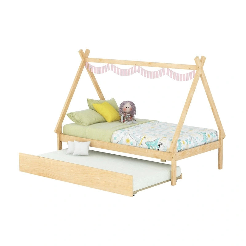 Lit de plancher en forme de tente, taille double, avec lit gigogne escamotable, en bois de pin naturel pour enfants