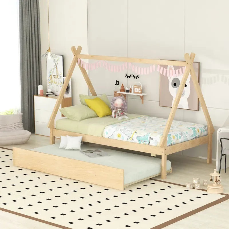 Lit de plancher en forme de tente, taille double, avec lit gigogne escamotable, en bois de pin naturel pour enfants