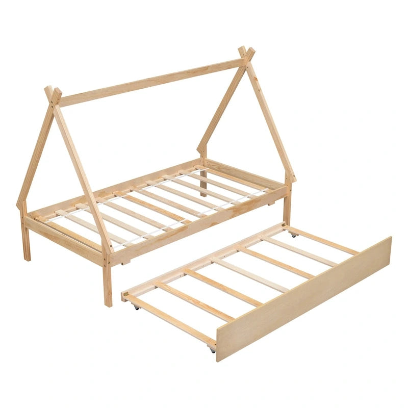 Lit de plancher en forme de tente, taille double, avec lit gigogne escamotable, en bois de pin naturel pour enfants