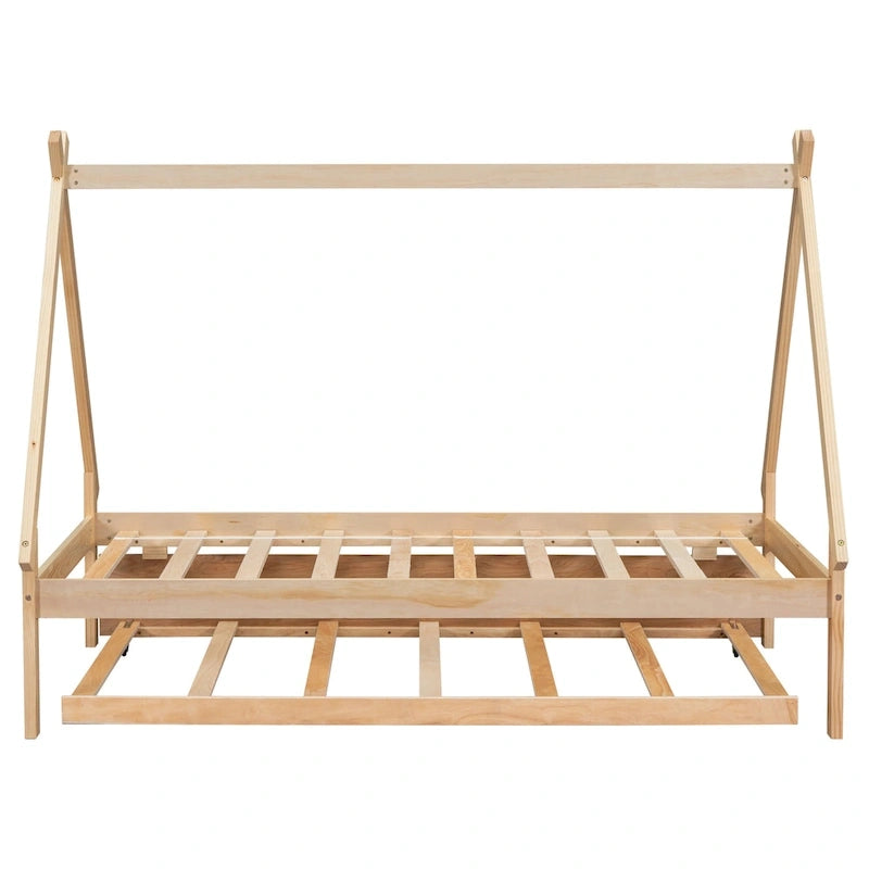 Lit de plancher en forme de tente, taille double, avec lit gigogne escamotable, en bois de pin naturel pour enfants