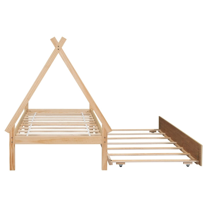 Lit de plancher en forme de tente, taille double, avec lit gigogne escamotable, en bois de pin naturel pour enfants