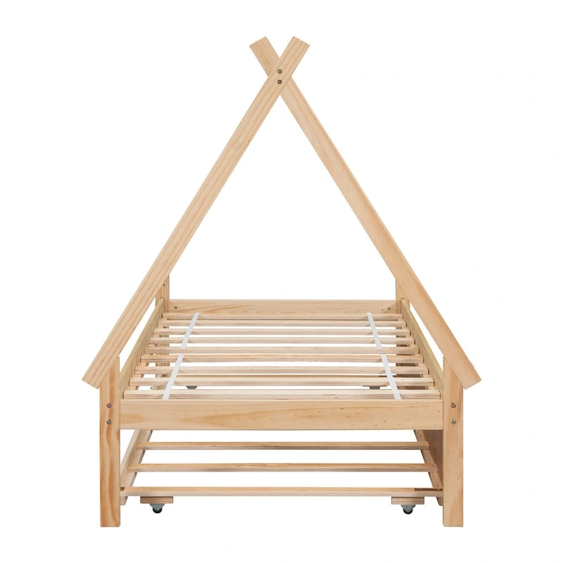 Lit de plancher en forme de tente, taille double, avec lit gigogne escamotable, en bois de pin naturel pour enfants