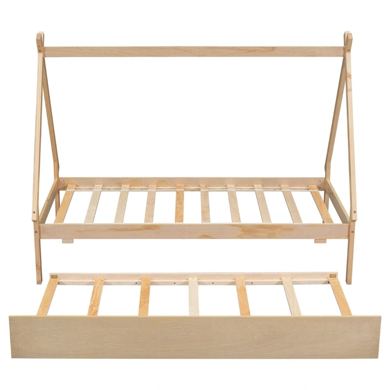 Lit de plancher en forme de tente, taille double, avec lit gigogne escamotable, en bois de pin naturel pour enfants