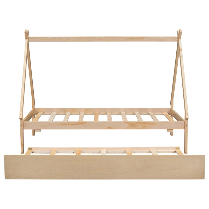 Lit de plancher en forme de tente, taille double, avec lit gigogne escamotable, en bois de pin naturel pour enfants