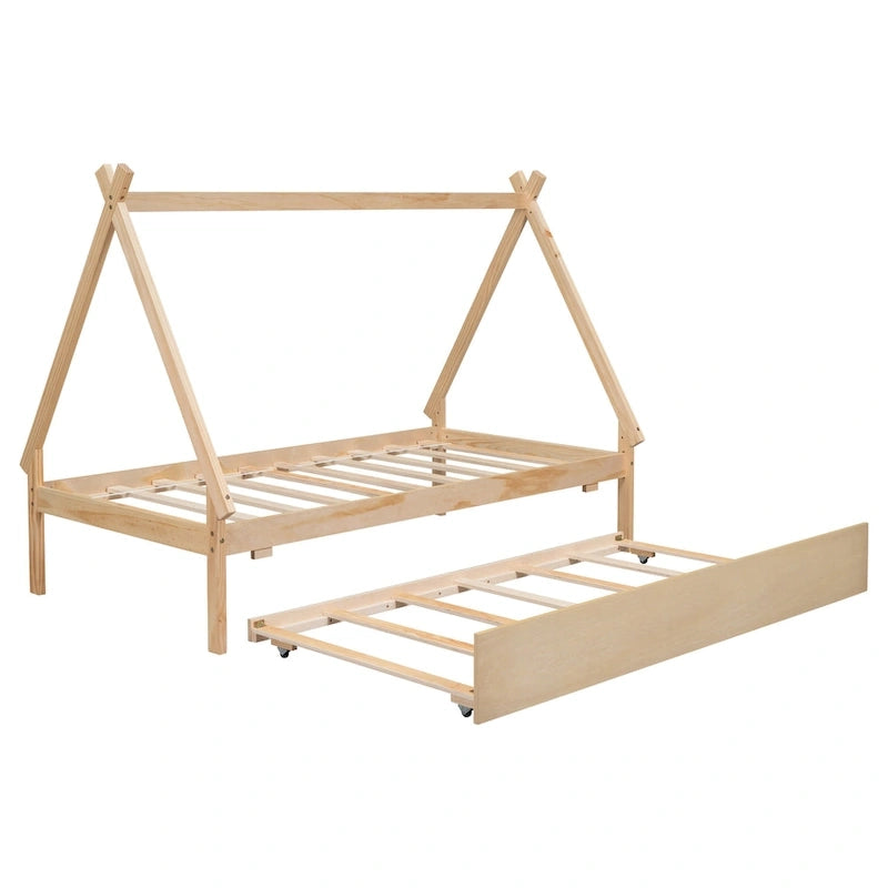 Lit de plancher en forme de tente, taille double, avec lit gigogne escamotable, en bois de pin naturel pour enfants