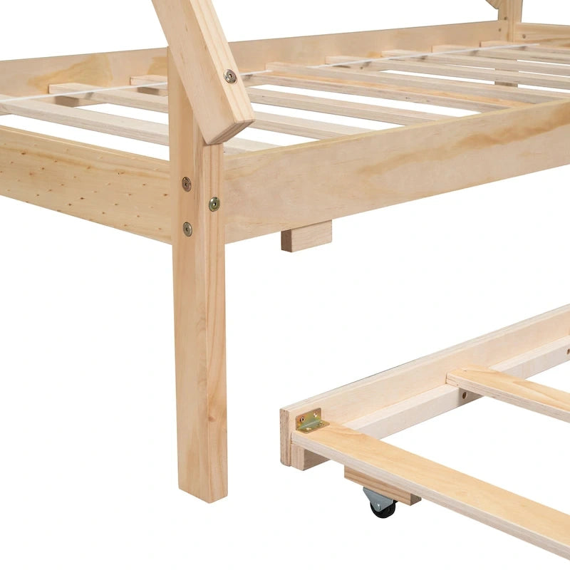 Lit de plancher en forme de tente, taille double, avec lit gigogne escamotable, en bois de pin naturel pour enfants