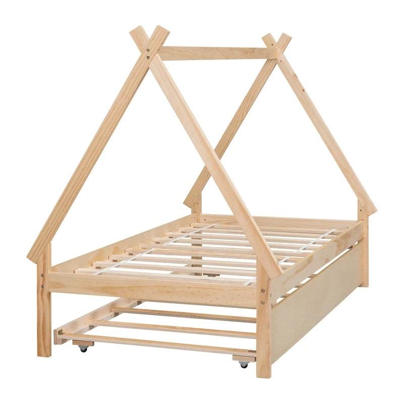 Lit de plancher en forme de tente, taille double, avec lit gigogne escamotable, en bois de pin naturel pour enfants