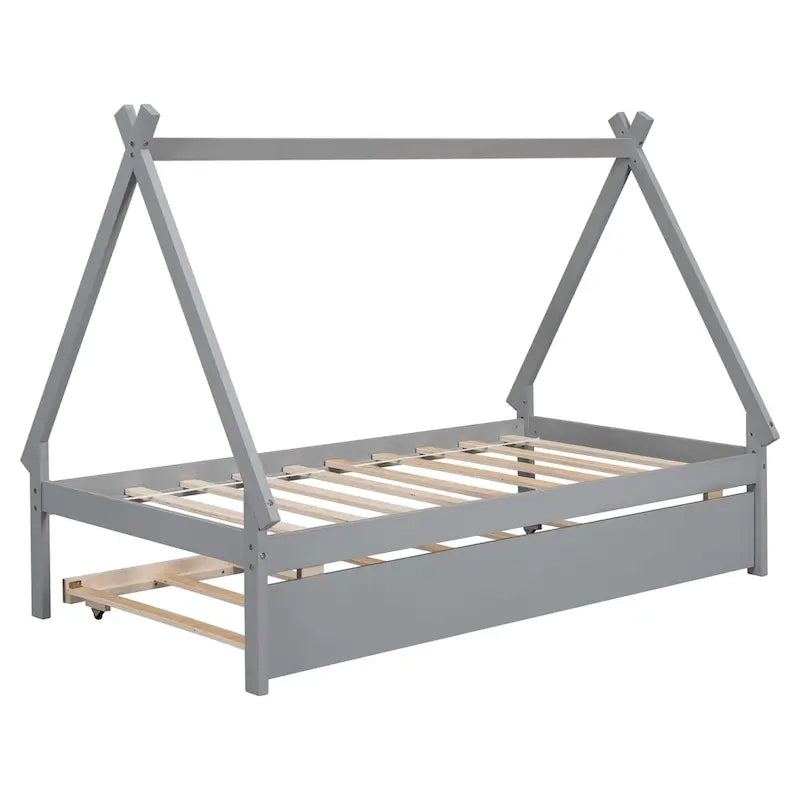 Lit de plancher en forme de tente, taille double, avec lit gigogne escamotable, en bois de pin naturel pour enfants