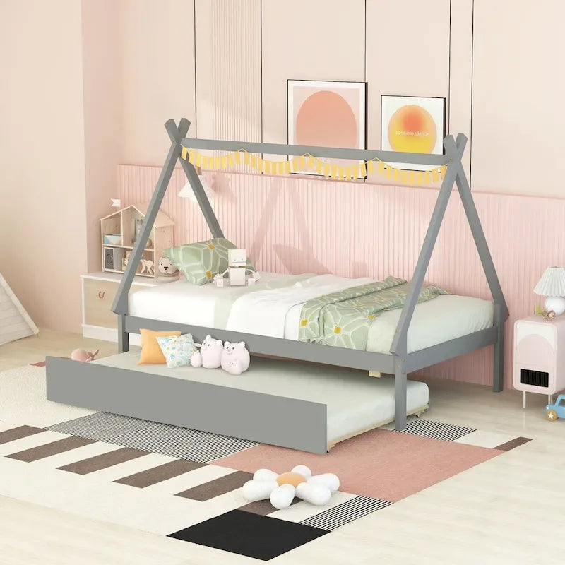 Lit de plancher en forme de tente, taille double, avec lit gigogne escamotable, en bois de pin naturel pour enfants