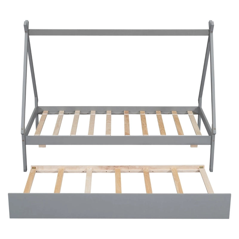 Lit de plancher en forme de tente, taille double, avec lit gigogne escamotable, en bois de pin naturel pour enfants