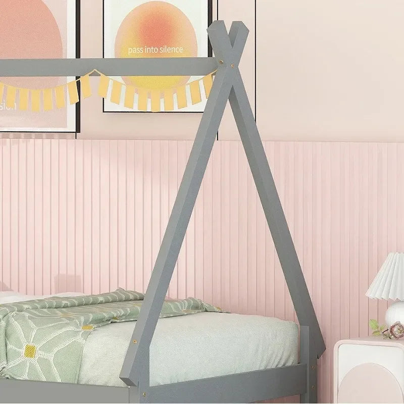Lit de plancher en forme de tente, taille double, avec lit gigogne escamotable, en bois de pin naturel pour enfants