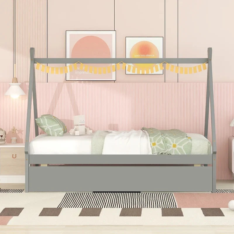 Lit de plancher en forme de tente, taille double, avec lit gigogne escamotable, en bois de pin naturel pour enfants