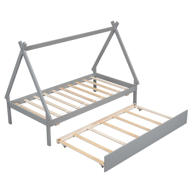 Lit de plancher en forme de tente, taille double, avec lit gigogne escamotable, en bois de pin naturel pour enfants