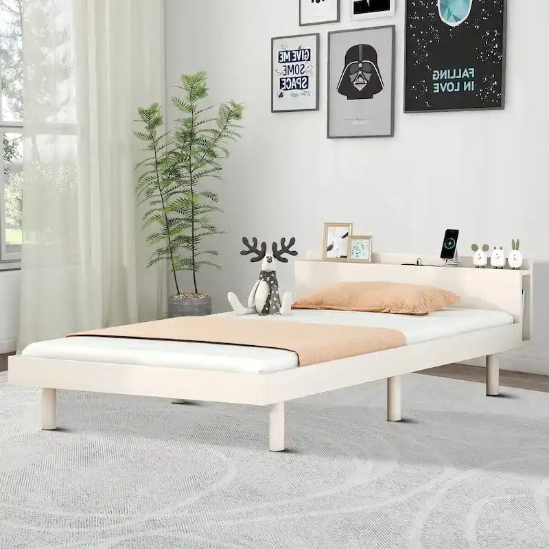 Lit plateforme en bois avec cadre, étagère de tête de lit et port de recharge USB