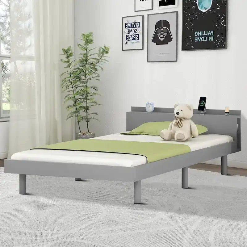 Lit plateforme en bois avec cadre, étagère de tête de lit et port de recharge USB