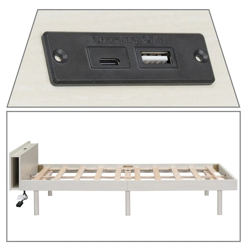 Lit plateforme en bois avec cadre, étagère de tête de lit et port de recharge USB