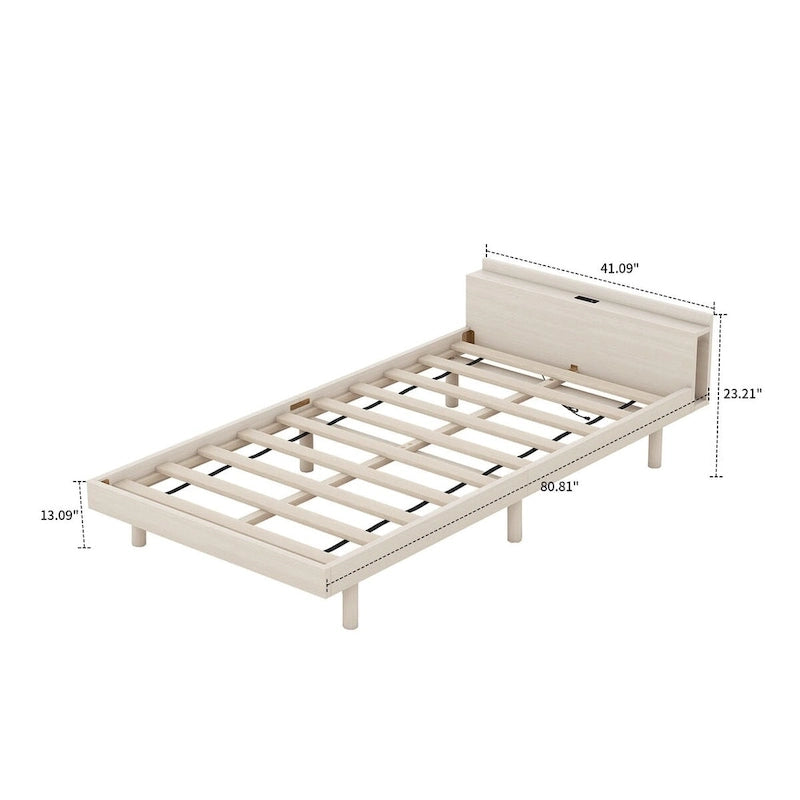 Lit plateforme en bois avec cadre, étagère de tête de lit et port de recharge USB