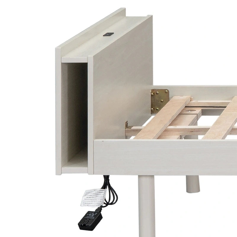 Lit plateforme en bois avec cadre, étagère de tête de lit et port de recharge USB