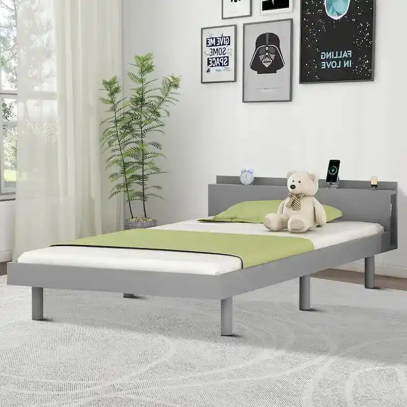 Lit plateforme en bois avec cadre, étagère de tête de lit et port de recharge USB