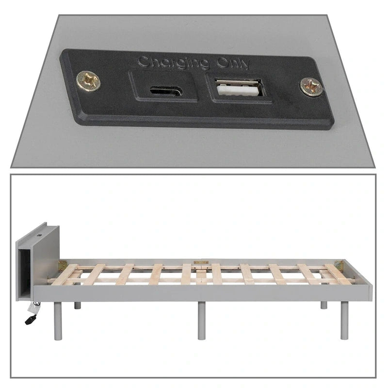 Lit plateforme en bois avec cadre, étagère de tête de lit et port de recharge USB