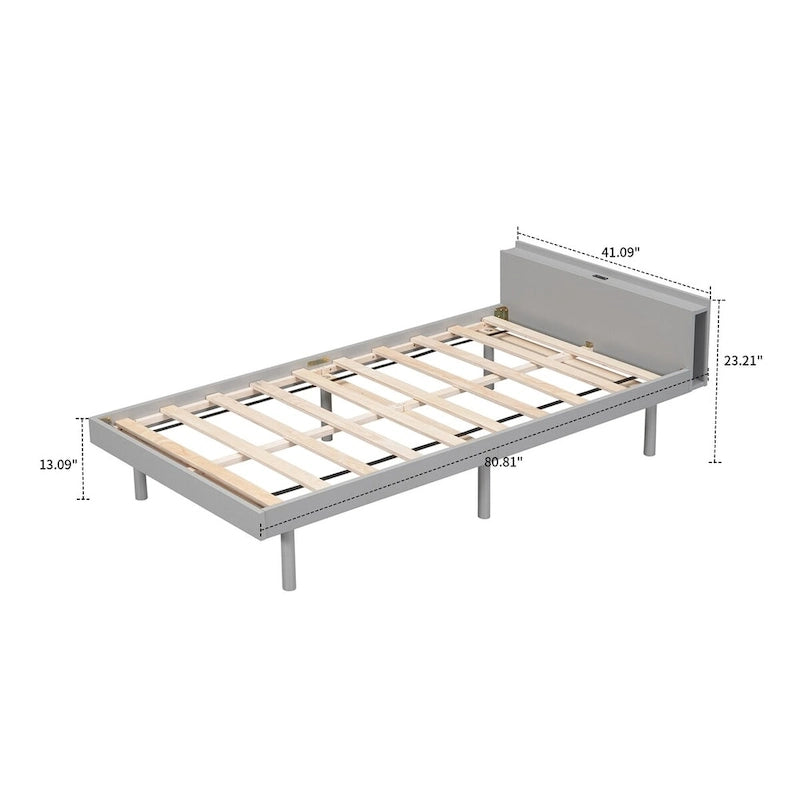 Lit plateforme en bois avec cadre, étagère de tête de lit et port de recharge USB