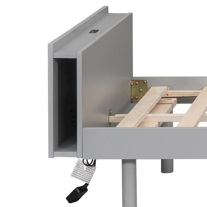 Lit plateforme en bois avec cadre, étagère de tête de lit et port de recharge USB