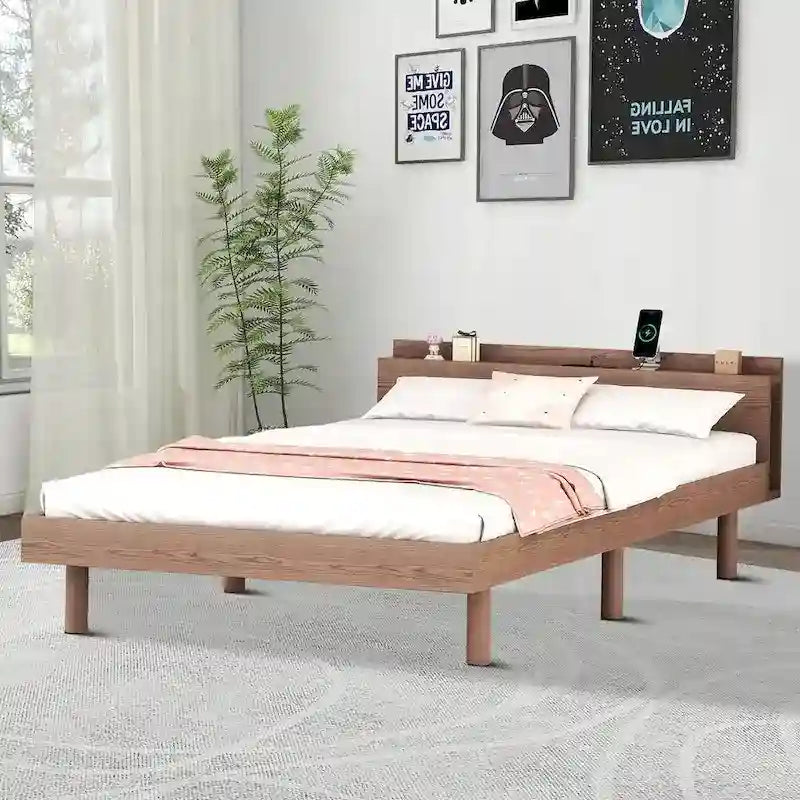 Lit plateforme en bois avec cadre, étagère de tête de lit et port de recharge USB