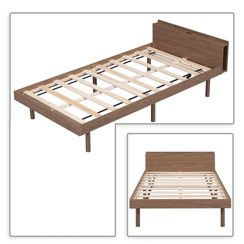 Lit plateforme en bois avec cadre, étagère de tête de lit et port de recharge USB