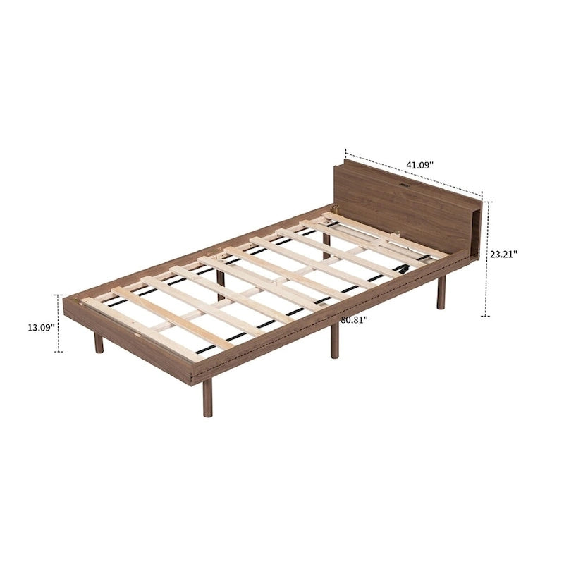 Lit plateforme en bois avec cadre, étagère de tête de lit et port de recharge USB