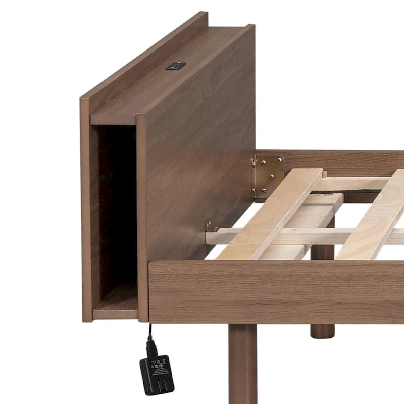 Lit plateforme en bois avec cadre, étagère de tête de lit et port de recharge USB