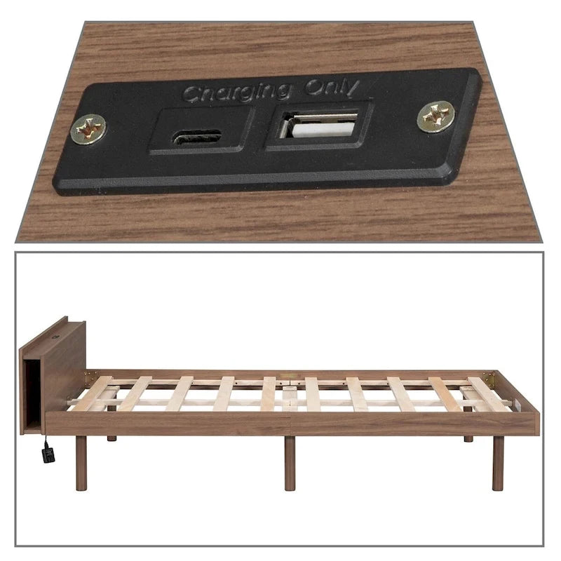 Lit plateforme en bois avec cadre, étagère de tête de lit et port de recharge USB