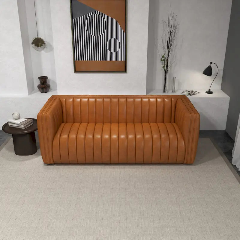 Canapé capitonné en cuir véritable pleine fleur cognac avec pieds en noyer